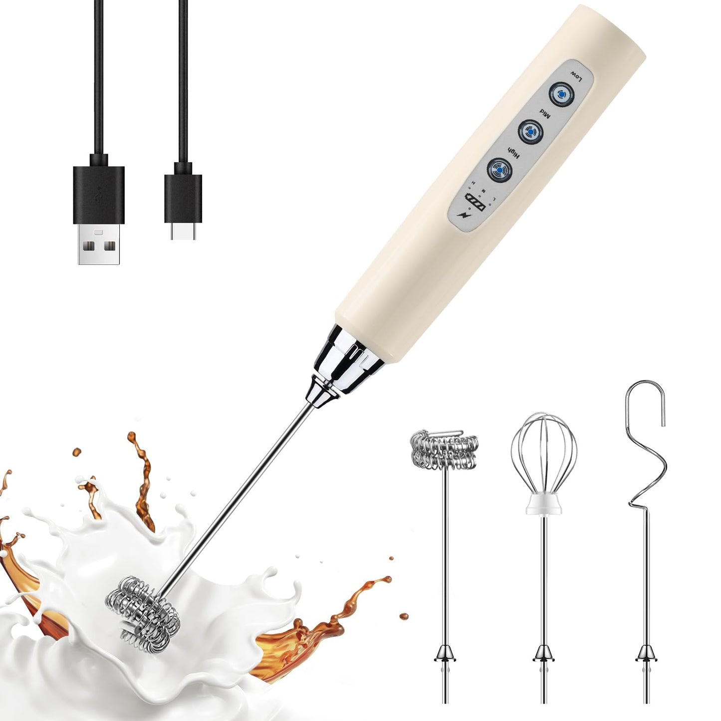 YUSWKO Black Handheld Milk Frother Wand for Coffee, Rechargeable Electric Whisk with 3 Heads 3 Speeds Drink Mixer Coffee Frother For Latte, Cappuccino, Hot Chocolate, Egg