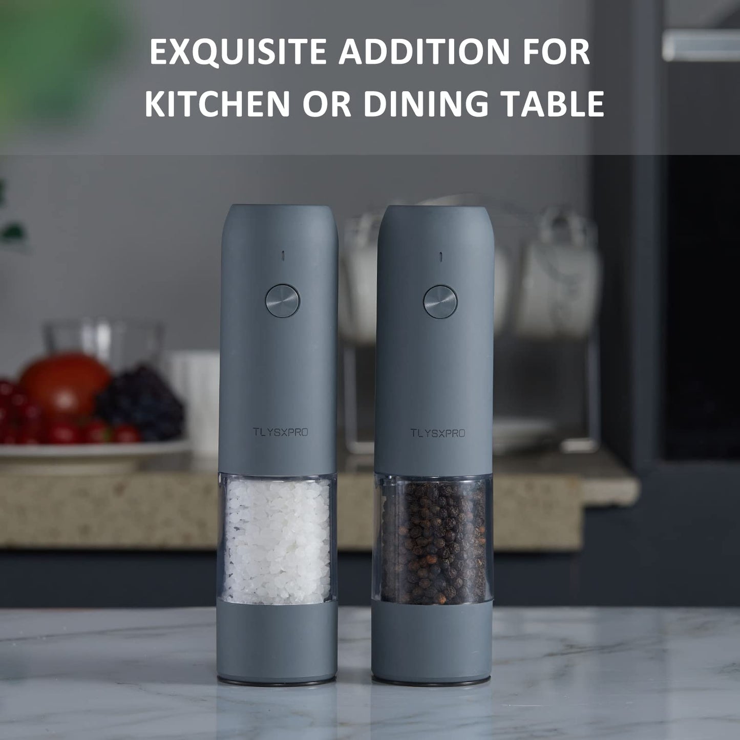 TLYSXPRO Electric Salt and Pepper Grinder Set with USB Rechargeable, Automatic One Hand Operation with Adjustable Coarseness, Pepper Mill Grinder Refillable with LED Light (2 Packs, Blue-Grey)