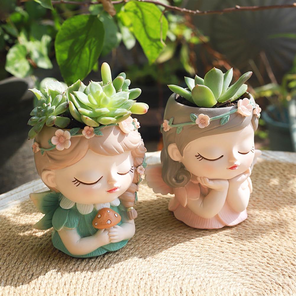 Argofox Small Angel Girl face Succulent Plant Pots kit 2 Pack with Drainage Hole Indoor Cactus Pot Unique Cute Flower Vases Decor with Girl Face Container Planter Chic Gardening Lover