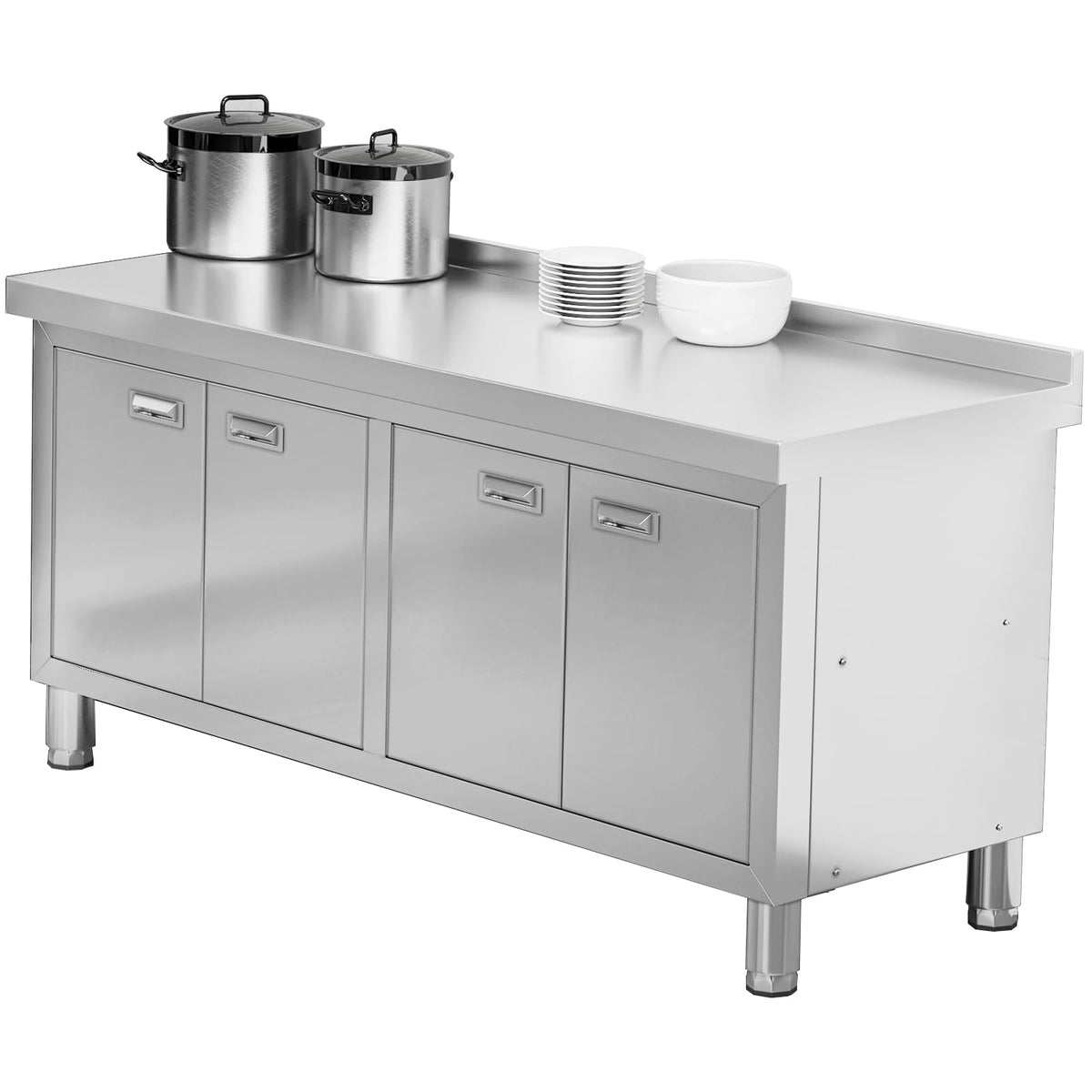 WWK 59" x 21" Stainless Steel Prep Table with Cabinet, Commercial Kitchen Table for Prep & Work, Heavy Duty Work Table with 4 Doors for Kitchen, Restaurant, Hotel, Garage and Cafe
