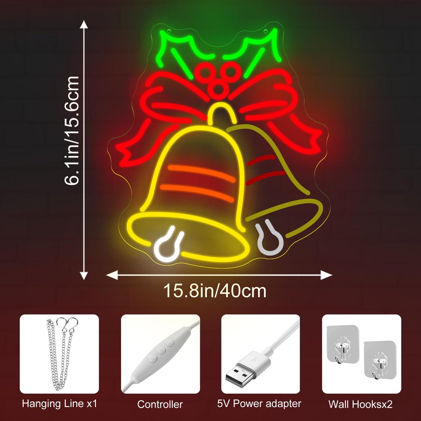 Christmas Bell Neon Sign, Flashing LED Holiday Decor, Red Bow and Bells Wall Art, Festive Neon Light for Christmas, Christma Party and Home Decor 15″ × 13.5″