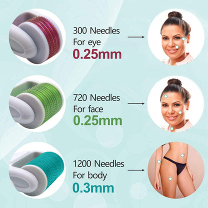 Derma Roller for Face and Body - Angel Kiss 4 in 1 Titanium Microneedling Roller Kit Micro Needle Microneedle Roller, 300 and 720 Needles 0.25mm,1200 Needle 0.3mm, Microdermabrasion Roller Men Women