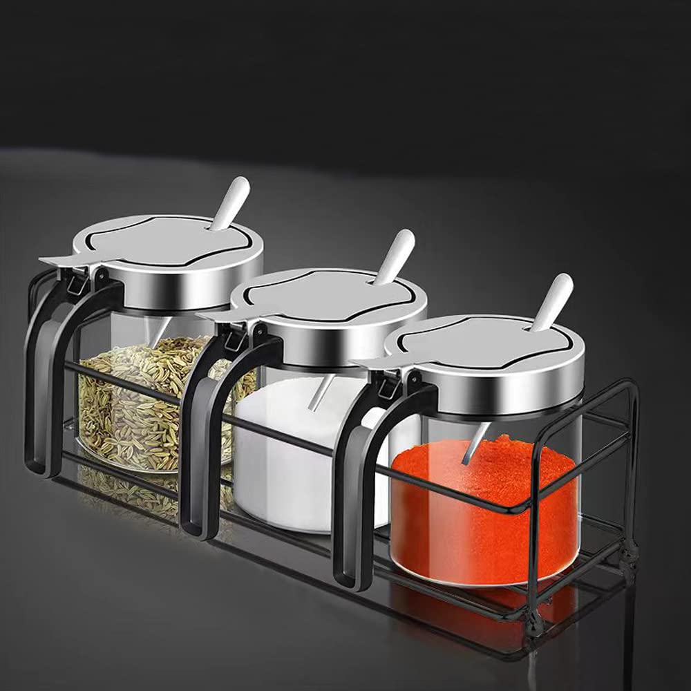 YMYL 3 Pcs Glass Condiment Jars Spice Containers with Stainless Steel Lids, Serving Spoon and Base Rack, 10oz Clear Seasoning Jars Coffee Sugar Pepper Salt Bowls for Kitchen Organization (3 Jars Set)