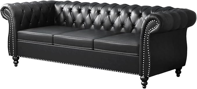 Mid-Century 3 Seater Sofa, Faux Leather Couch