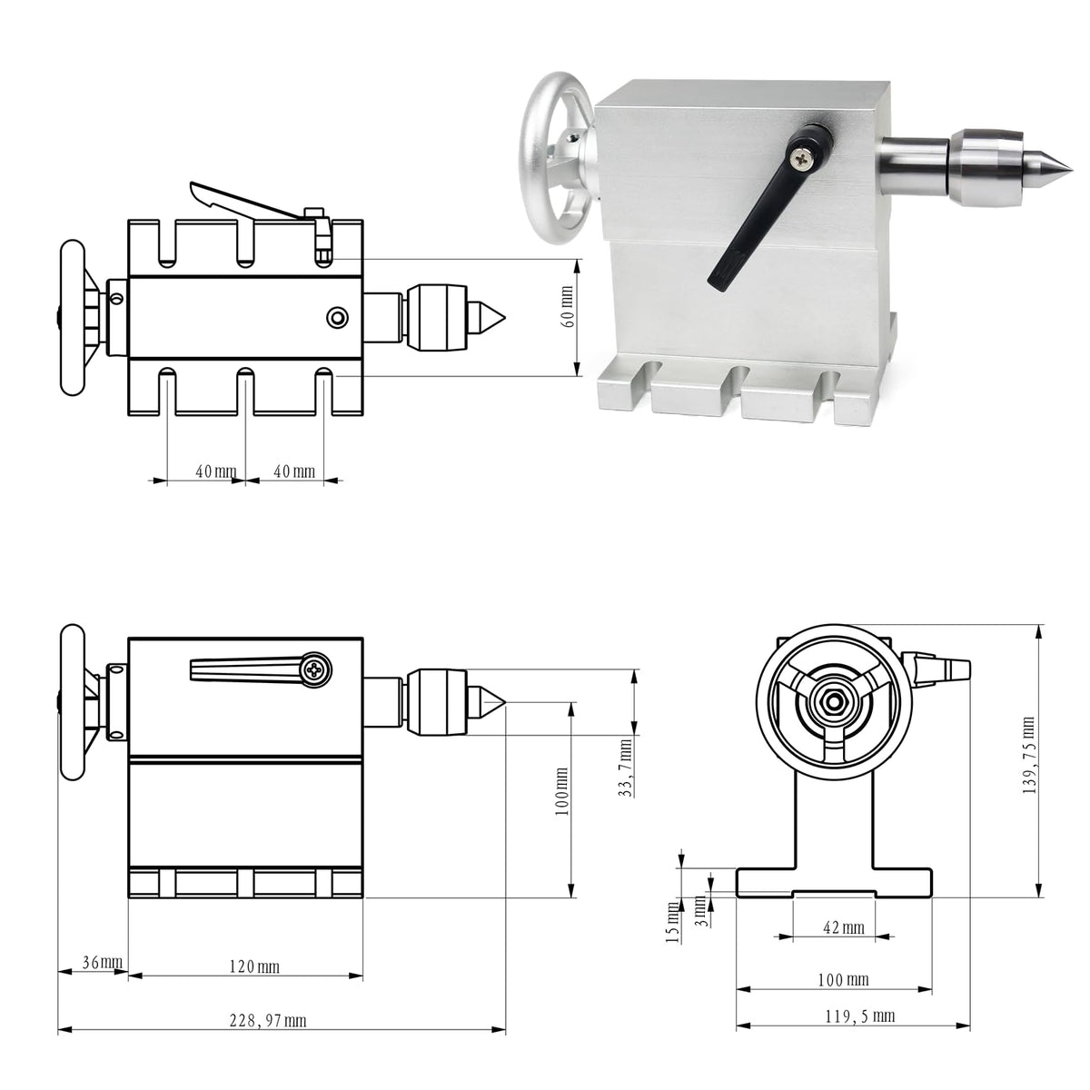 RATTMMOTOR 100mm Center Height MT2 Tailstock, Morse Taper 2 Live Center Movable Woodworking Lathe Chuck Handle for CNC Router Rotary Table 4th Axis