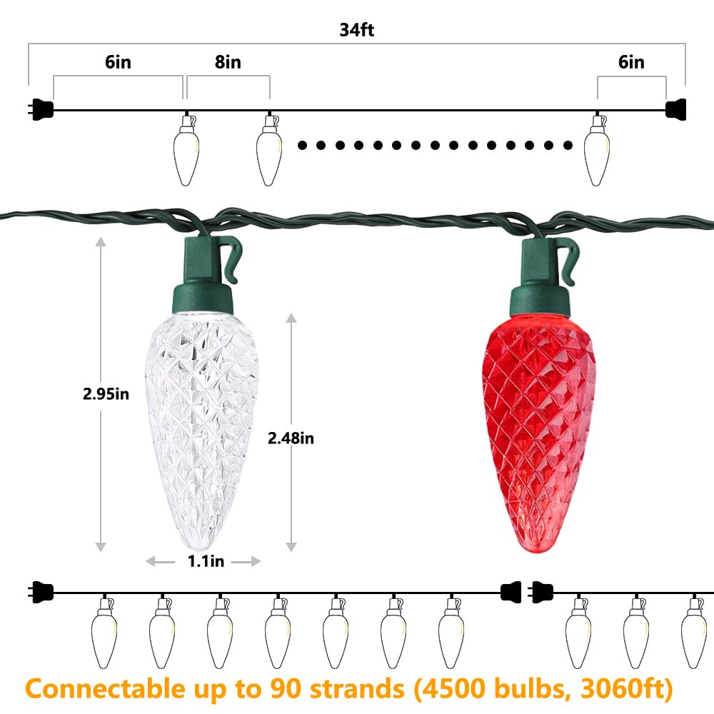 ODEETRONIC C9 Christmas Lights - 33ft 50 LED Red & White Christmas Tree Lights Connectable, 120V UL Certified Plugin Indoor C9 String Light, Valentines Day String Light for Xmas Wedding Party Decor