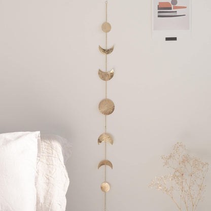 BASE ROOTS Moon Phase, Gold Wall Decor for Bedroom & Living Room, Bohemian Wall Decor, Handmade Hammered Metal 34" 7 Phases Moon, Celestial Wall Art, Gift for Women & Kids