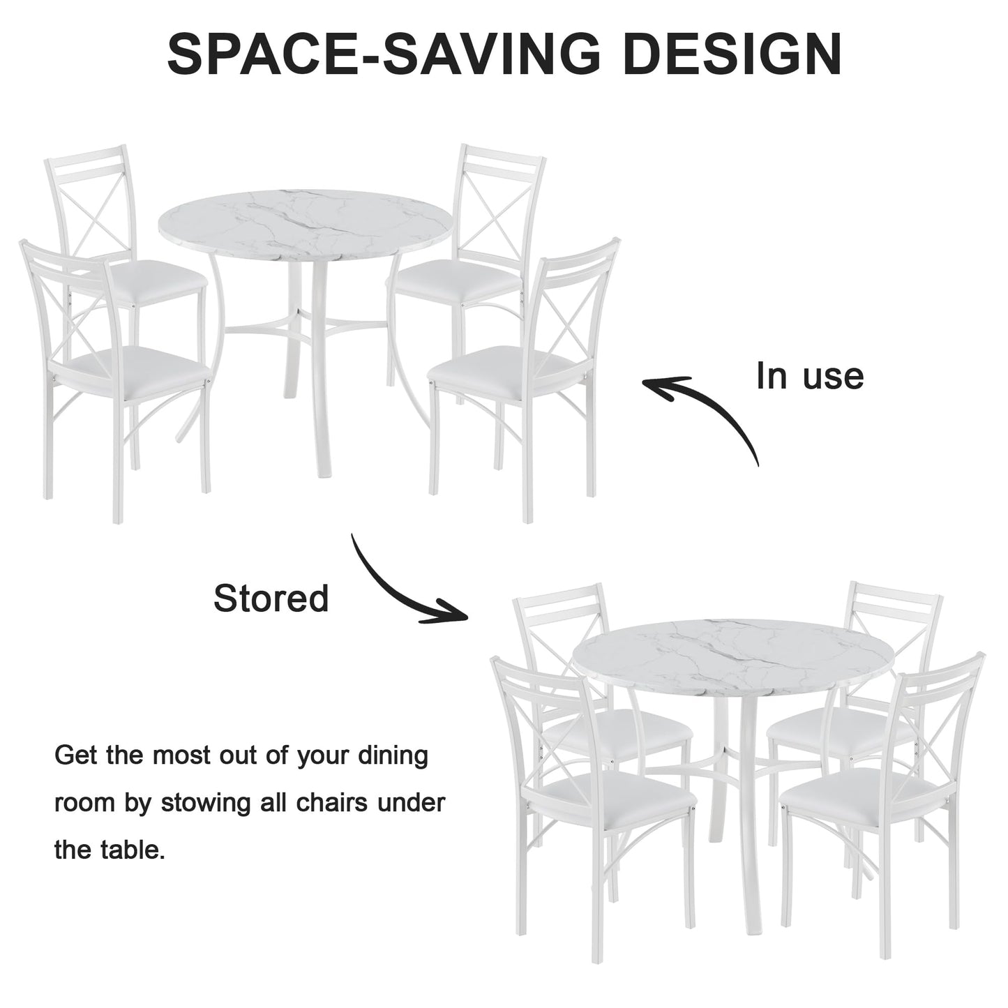 VECELO 5 Piece Dining Table Set for 4 with Chairs, Faux Marble Tabletop, Small Space, Kitchen, Breakfast Nook, White