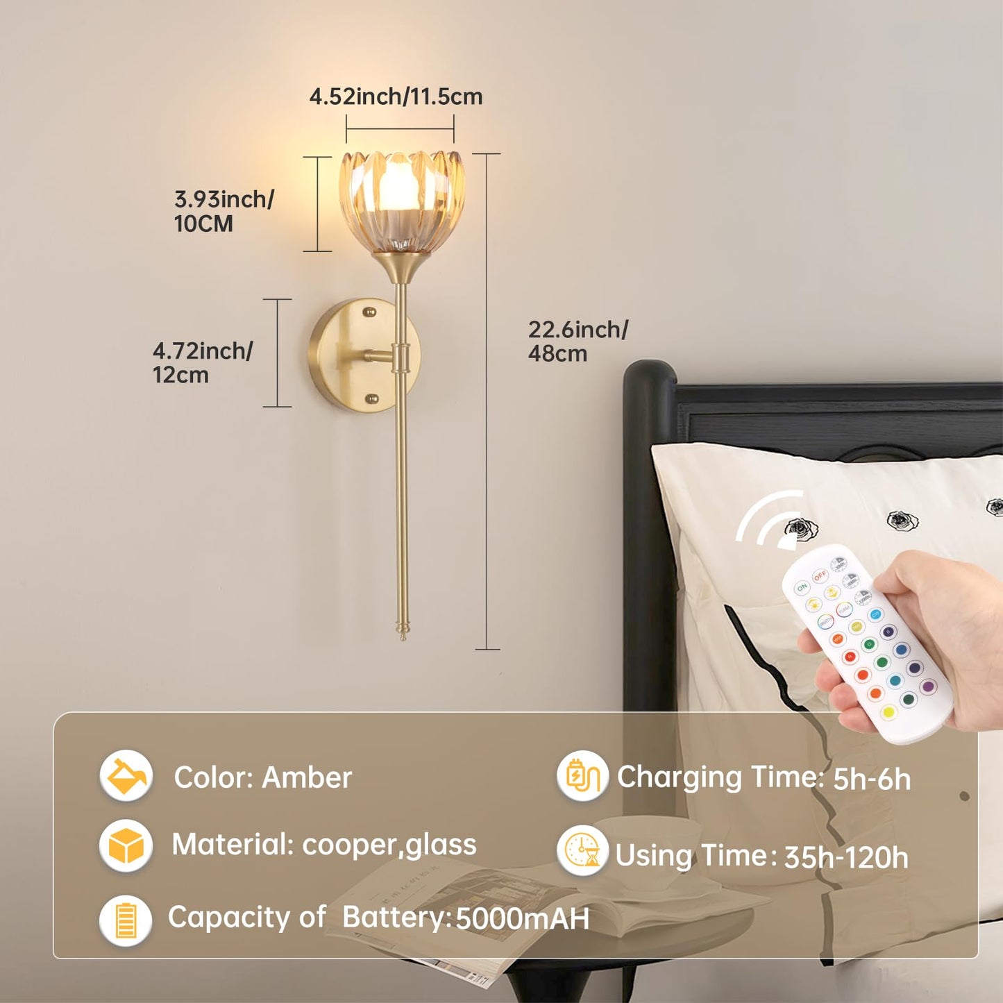 Shenmoyl Battery Operated Wall Sconce Set of 2, Amber Tulip Vintage Wall Light Fixture Rechargeable 5000mAh Battery Powered Wall Lamp with Remote for Living Room Bathroom