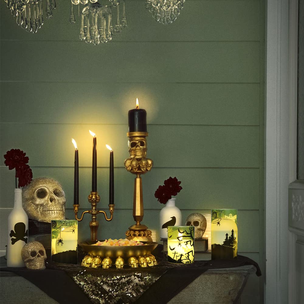 Eldnacele Halloween Flameless Candles with Remote Spider Web, Ghost, Castle Decals Battery Operated Real Wax Flickering Glass Pillar Candle for Spooky Holiday Decor 3 Pack