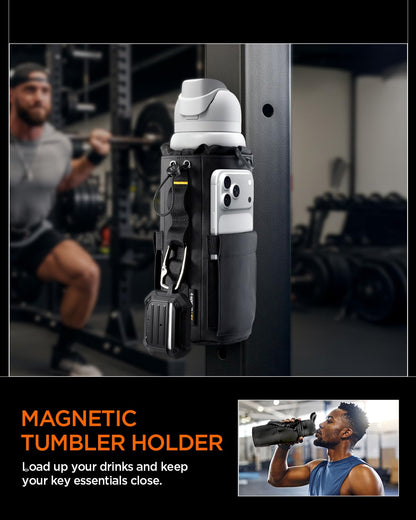 Spigen Life Magnetic Gym Bag for Men Tumbler Carrier Holder Bag for 20oz–40oz Water Bottles w/Molle System, Phone Pocket, Drawstring/Cord Lock, D-Ring Strap, Waterproof – Black