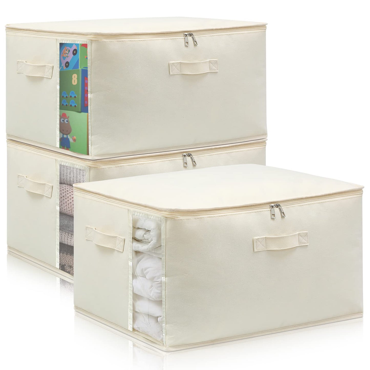 Canvas Comforters Bags Closet Organizers and Storage for Quilts Clothes Organization Containers Bins with Sturdy Zipper, Clear Window 75L for Sweaters Blankets Storage Bedroom Collapsible