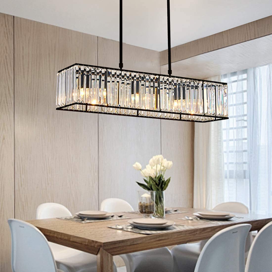 Siljoy Modern Rectangular Crystal Chandelier, 5 Lights Black Rectangle Raindrop Chandelier Lighting, Industrial Linear Pendant Ceiling Light Fixture for Dining Living Room Kitchen Island L33.5''