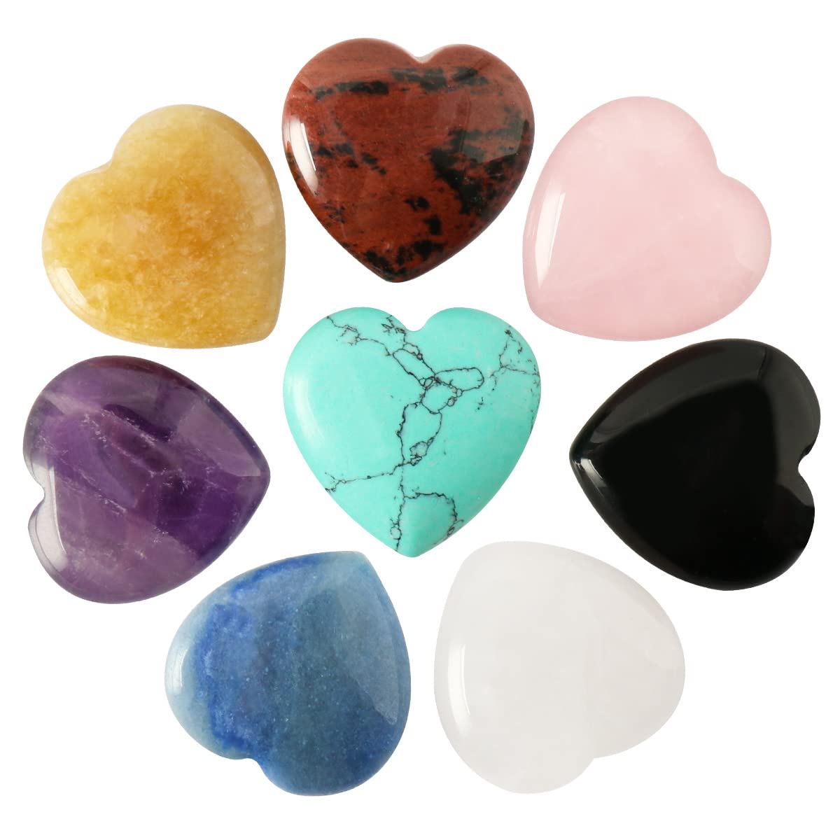 CASMON 8 Pcs Natural Mix Heart Stones Set (1 Inches), Puff Hearts Healing Palm Crystal with Gift Box for Chakra Reiki Home Décor