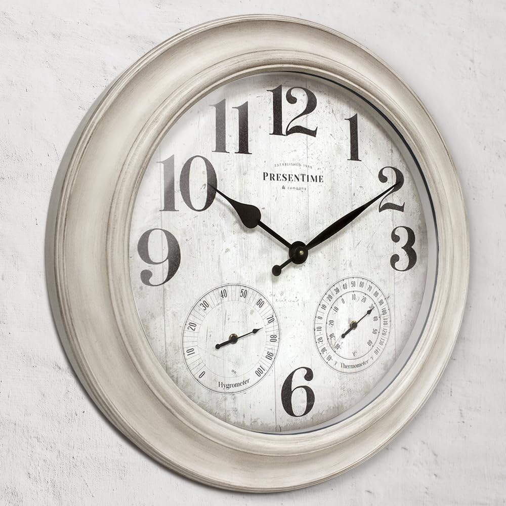 Presentime & Co. 26" Clifton in/Outdoor Farmhouse Clock with Thermometer & Hygrometer as All in One Weather Station, Farmhouse Wall Art and Timepiece for Home Decoration, Weathered White Finish