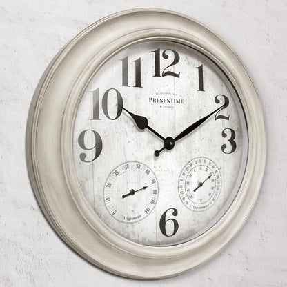 Presentime & Co. 26" Clifton in/Outdoor Farmhouse Clock with Thermometer & Hygrometer as All in One Weather Station, Farmhouse Wall Art and Timepiece for Home Decoration, Weathered White Finish