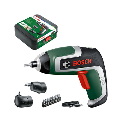 Bosch Home and Garden Compact Cordless Screwdriver IXO (7th Generation; 3.6V; 2.0Ah; 5.5Nm; Set incl. Angle-Screw and Off-Set Angle Attachments; with Micro-USB Cable; in Storage Box)