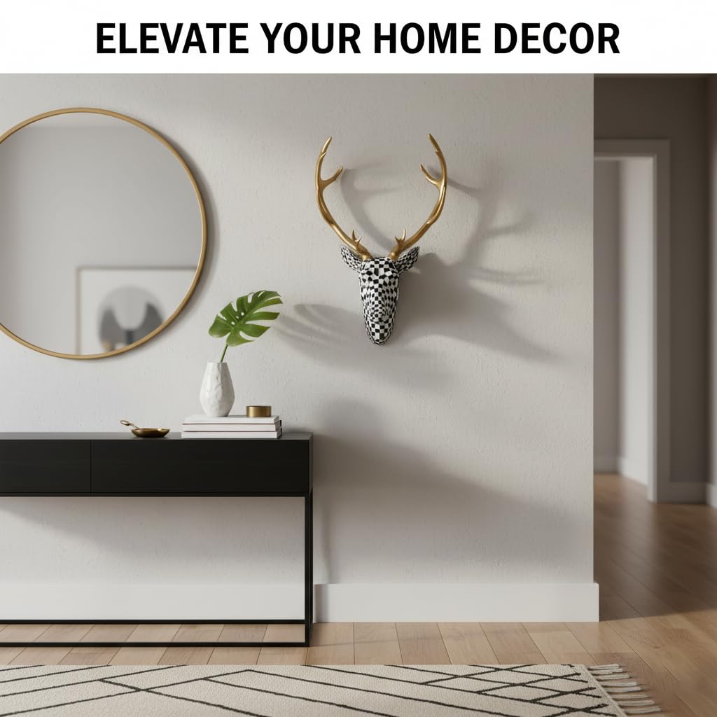 XYZWOMN Deer Head Wall Decor, 15.7 Inch Faux Resin Animal Head Wall Mount with Gold Antlers, Modern Mosaic 3D Wall Art Sculpture for Living Room Bedroom Home Decoration, Black and White