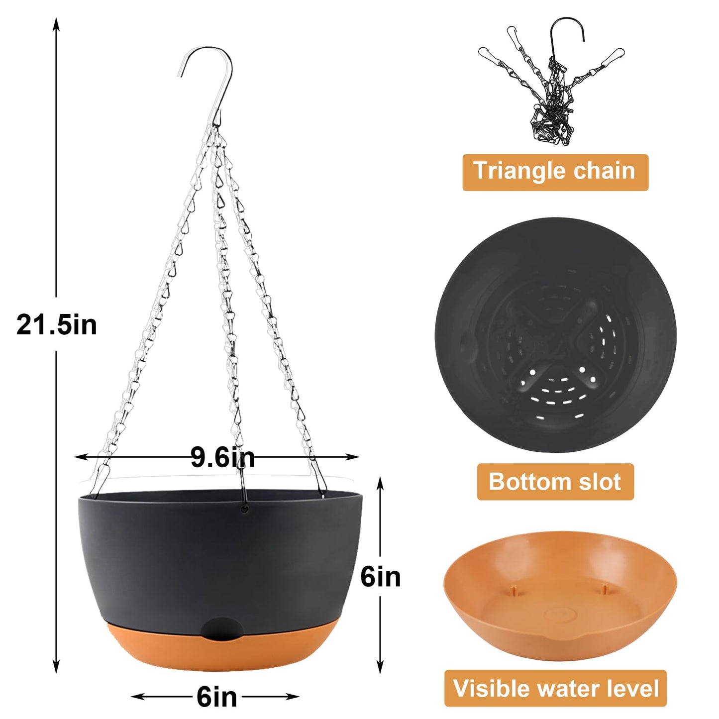 KPUVX 10 inch Plant Pot Hanging Planters Self Watering Pots for Indoor Plants, 3 Pack Plastic Hanging Basket with Removable Tray for Home Garden Porch Balcony Patio Decor(Black)