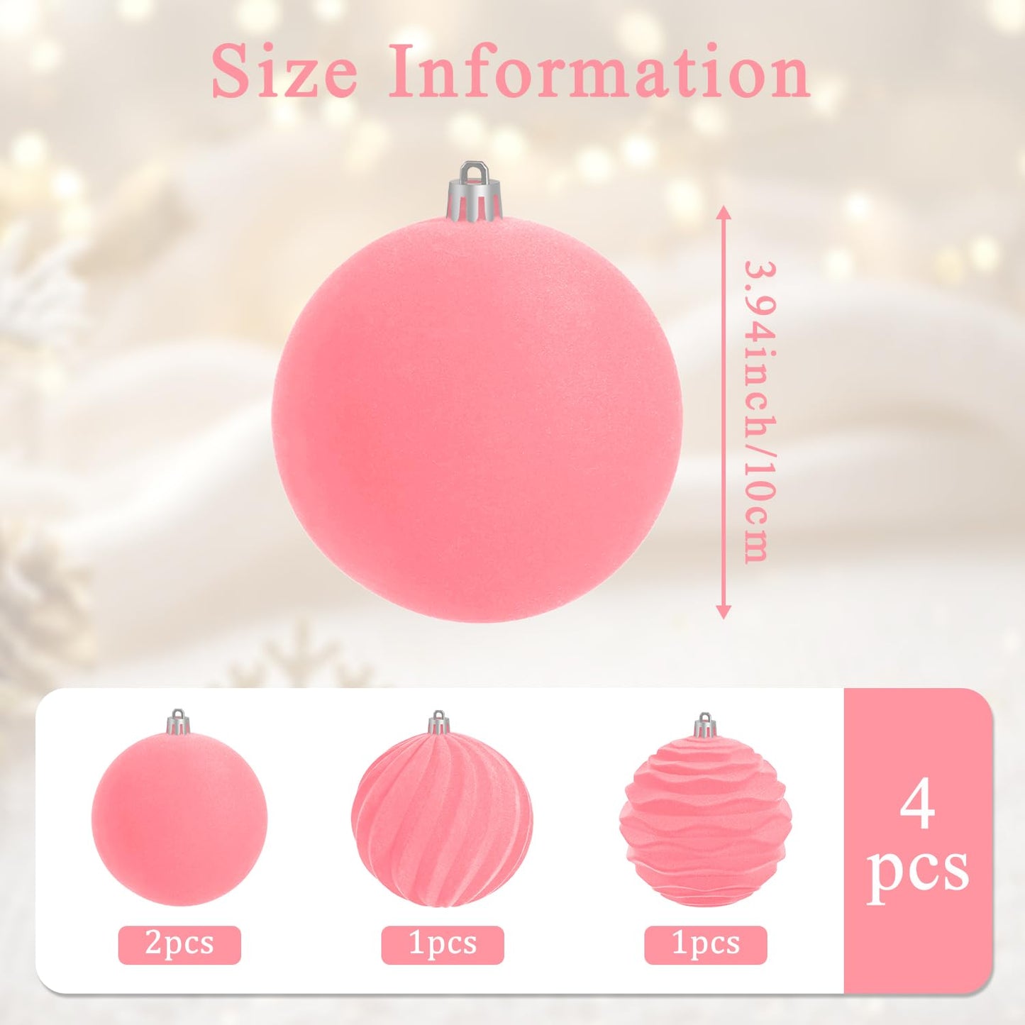 Artmag 4 PCS Large Velvet Christmas Balls Ornaments Shatterproof Hanging Set Flocked for Xmas Tree Holiday Party Decorations (Pink,4 Inch)