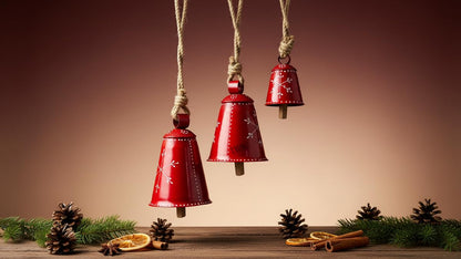 Christmas Bells Rustic Decor Christmas Big Ornaments Handcrafted Hanging Bell Home Decor Bells Set of 3 (Red)