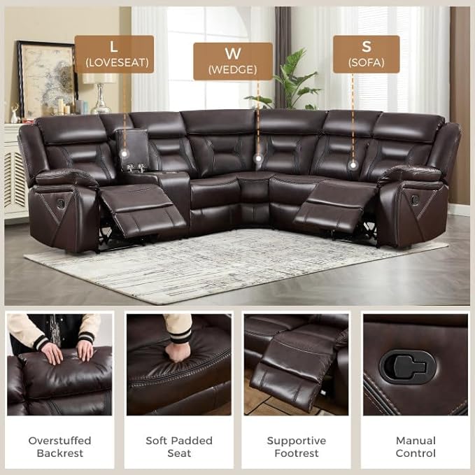 EBELLO Faux Leather Reclining Sectional Sofa Set