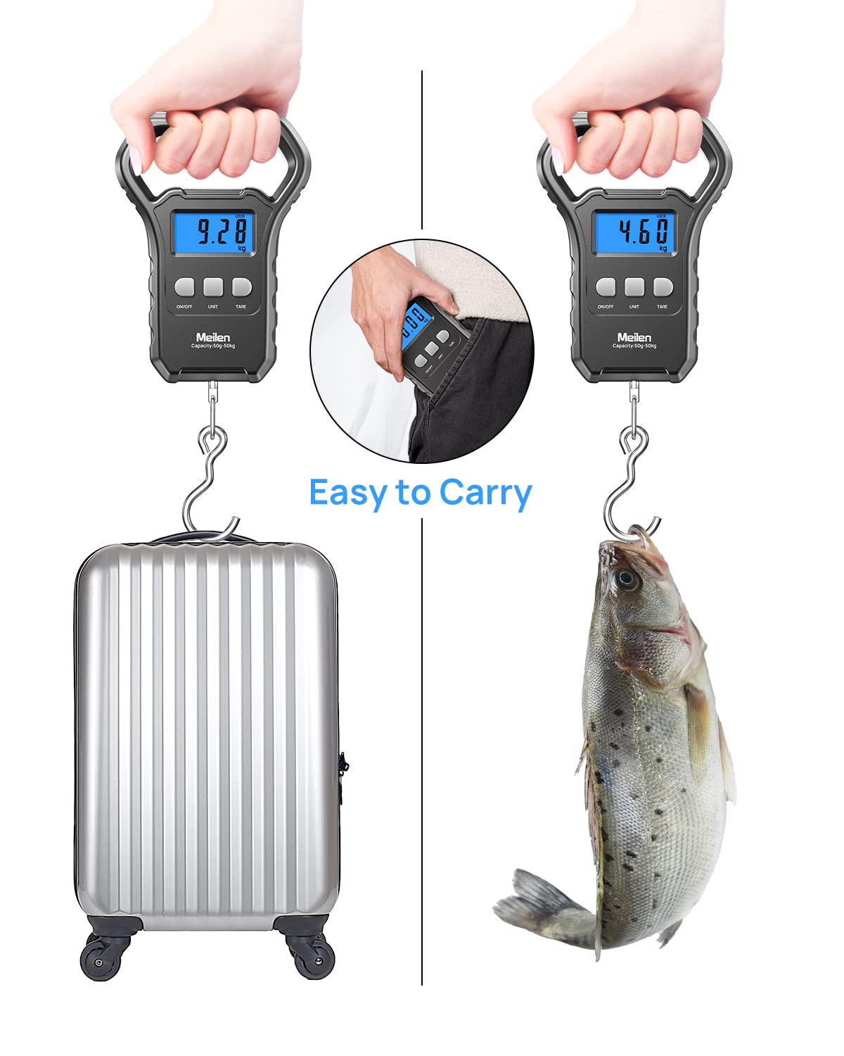 Meilen Fish Scale,110lb/50kg,Hanging Luggage Scale, Fishing Wighting Divice with Backlit LCD Display, Measuring Luggage Weight for Suitcase, Large Handle, Digital Postal Scale Fishing Gifts for Men