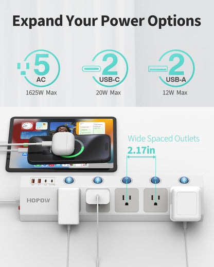 Flat Plug Power Strip with Individual Switches, 10 Ft Ultra Thin Flat Extension Cord, 5-Outlet Surge Protector with 2 USB-C (20W PD) & 2 USB-A, 1700 Joules, Wall Mount for Home Office, Black