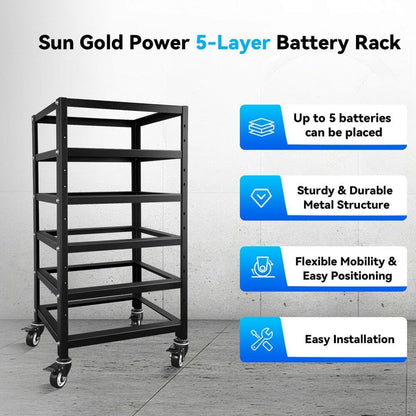 SUNGOLDPOWER 3U Server Rack Battery Rack, 5-Layer Rack for 48V 100Ah Lithium Batteries, Stackable Battery Holder with Wheels & Open Ventilation for Solar Energy Storage Systems
