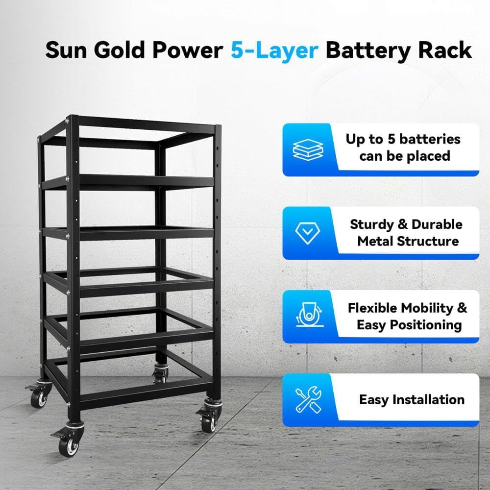 SUNGOLDPOWER 3U Server Rack Battery Rack, 5-Layer Rack for 48V 100Ah Lithium Batteries, Stackable Battery Holder with Wheels & Open Ventilation for Solar Energy Storage Systems