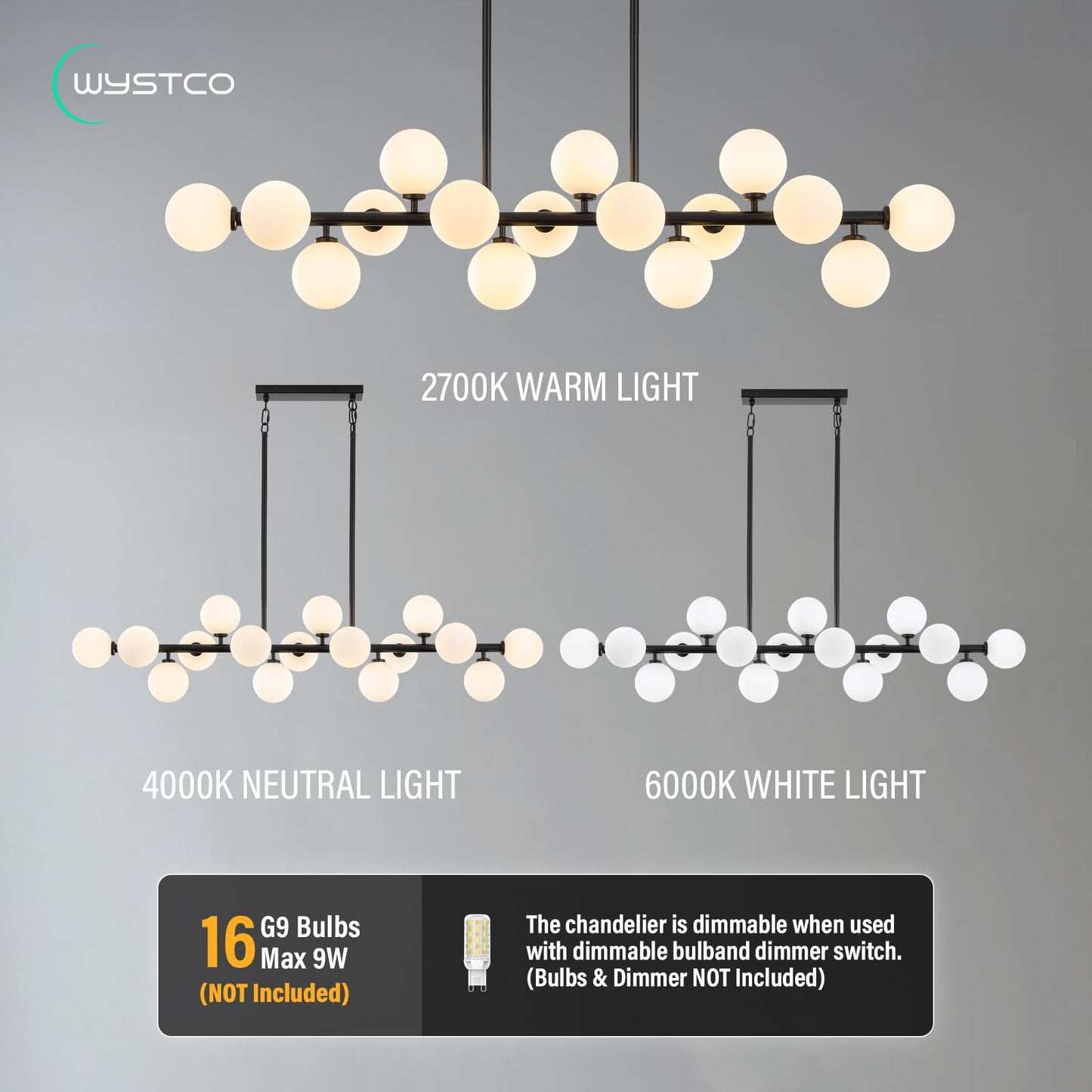 Wystco 56 Inch Black Linear Chandeliers for Dining Room, Kitchen Island, Living Room, 16-Light Mid Century Modern Light Fixture Over Table, Large Milk White Glass Globe Sputnik Bubble Chandelier