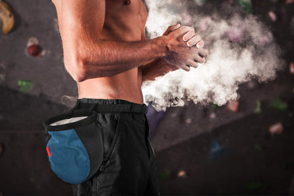 Rhino Valley Climbing Chalk Bag, No Leak Drawstring Chalk Bag with Adjustable Belt, Carabiner Clip and Zippered Pockets Chalk Bag for Rock Climbing, Cross Fit, Weight Lifting & More,Black & Royal Blue