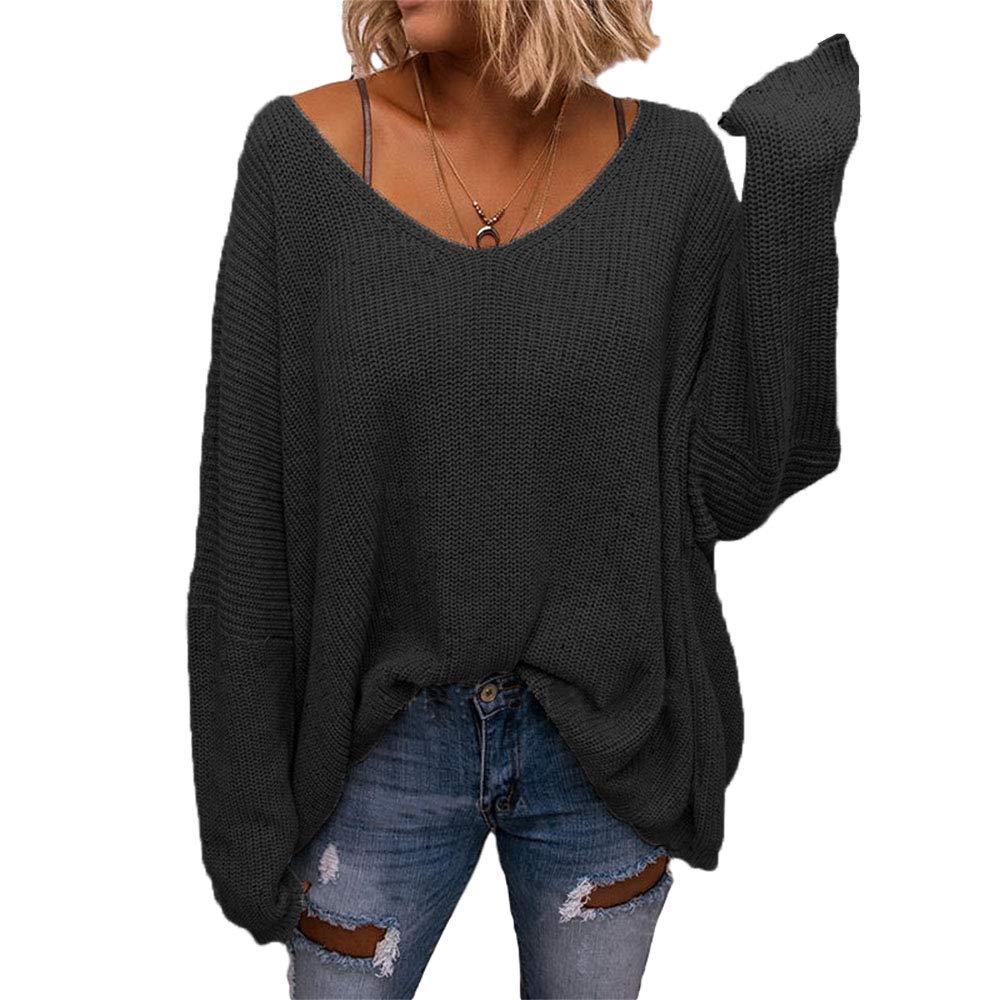 BZB Women's V Neck Long Sleeve Knit Loose Oversized Pullover Sweater Top