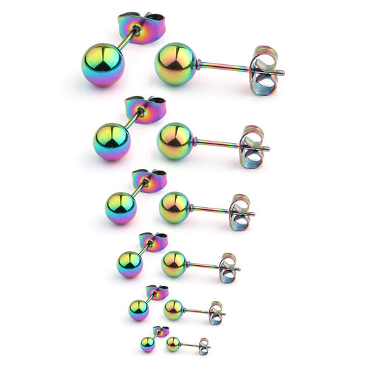 Ruifan 20G Stainless Steel Ball Stud Earrings for Men Women Round 3-8mm 6Pairs - Rainbow