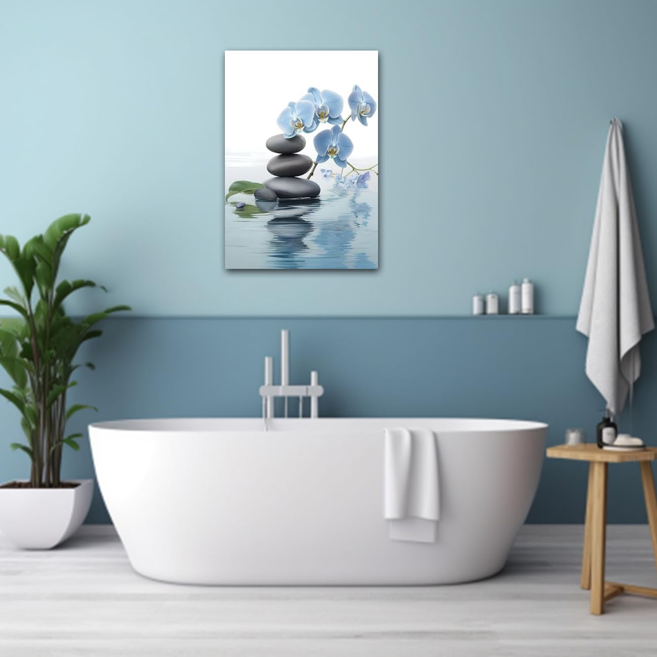CXHOSTENT Spa Bathroom Wall Art Blue Orchid Flowers and Zen Stones on Water Pictures Print on Canvas Framed Artwork for Yoga Zen Room Decor (Zen-3, 16.00"x24.00")