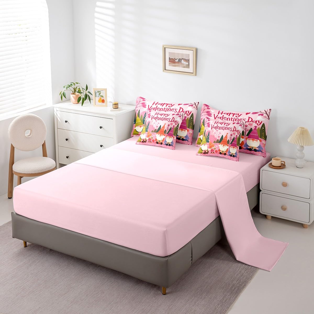 Erosebridal Happy Valentines Day Gnomes Queen 7 Piece Bedding Set - Cute Gnome Kids Comforter Sets with Sheets for Girls Boys, Romantic Pink Love Heart Print Bed in a Bag with Fitted + Flat Sheet