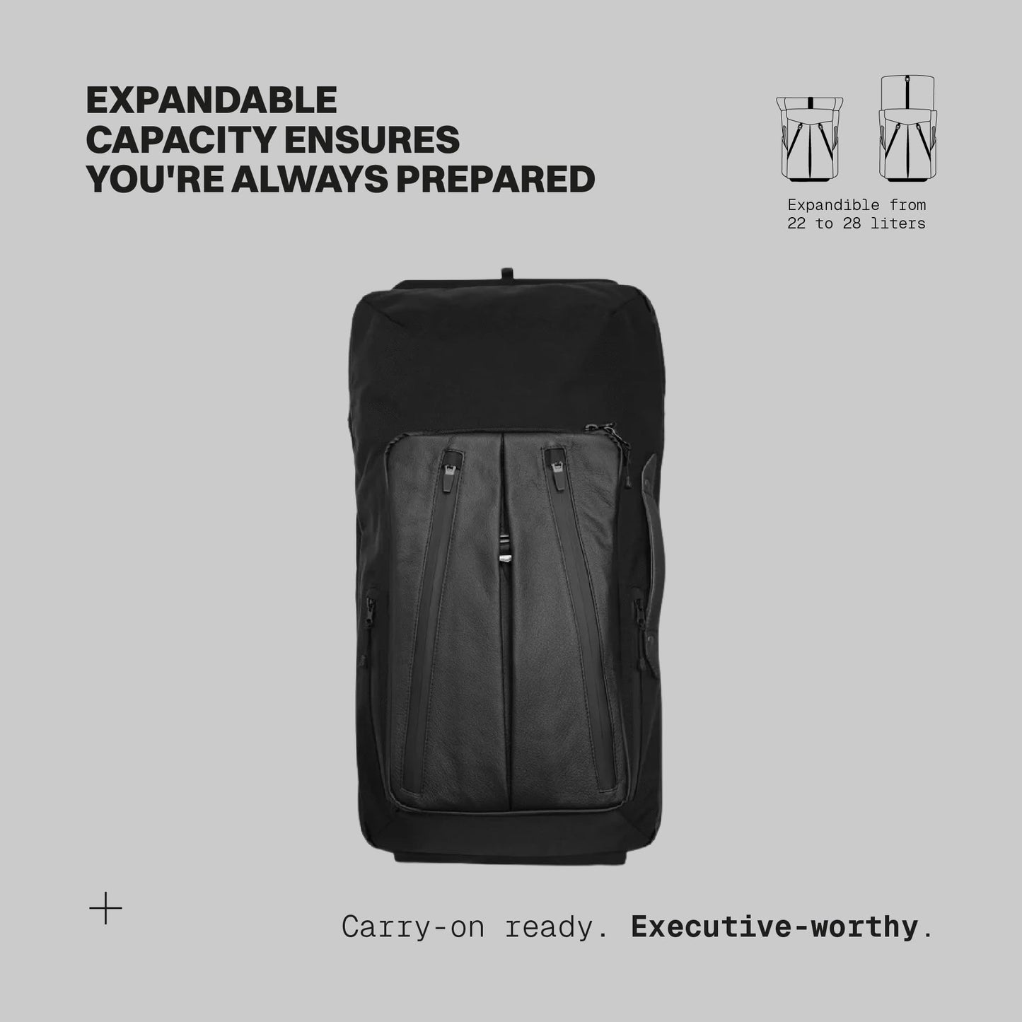 The Frenchie Co. - Work/Travel Speed Backpack - Expandable 23-30 L Laptop Pack - Anti-theft magnetic closure - Ballistic nylon body with full-grain Italian leather trim