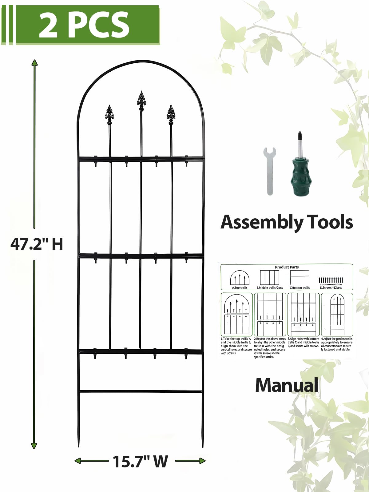 2 Pcs Garden Trellis for Climbing Plants Outdoor - 47'' H x 15.7'' W Rustproof Plant Metal Support Wire, Decorative Lattice Panels for Climbing Vine Rose Ivy Cucumbers Flowers
