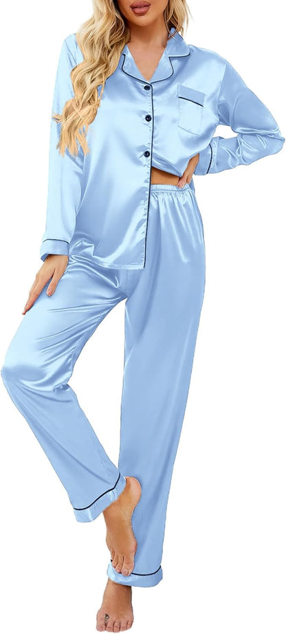 Ekouaer Women's Classic Button Down Long Satin Silk Pajama Set