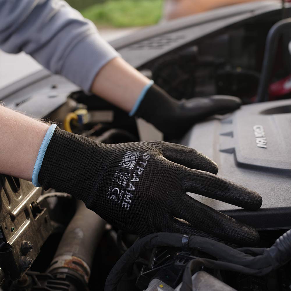 Straame Pack of 12 or 24 Black Safety Work Gloves, Outdoors PU and Nylon Non-Slip Work Handling Gloves, Good Dexterity Firm Grip Protective Working Gloves Size (Pack of 12 Pair's, L)