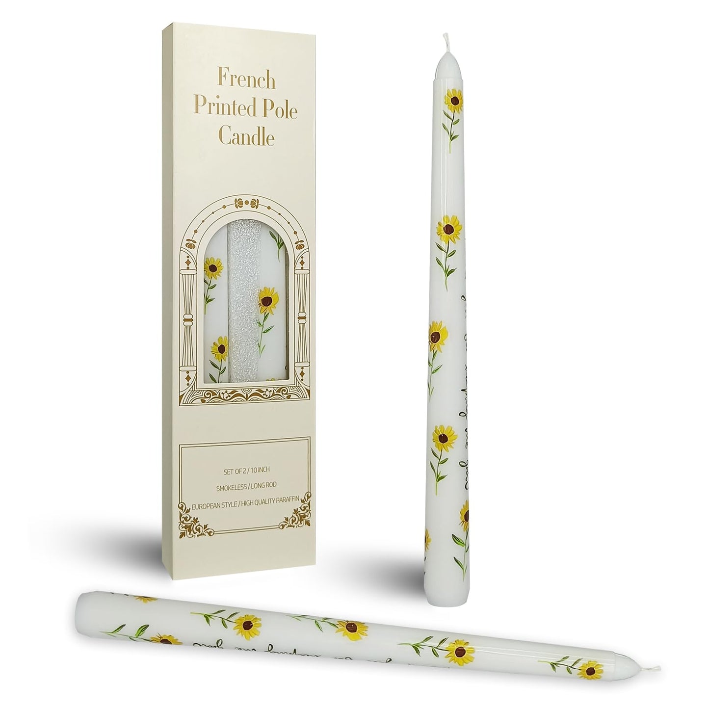 Cream Floral Sunflower Taper Candles - 10 Inch Handmade Drip Candles, Set of 2 for Wedding Holiday Decor & Gifts