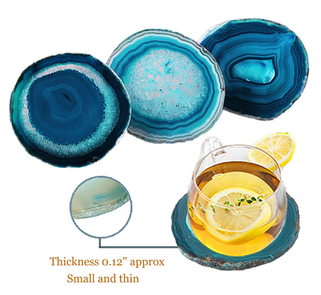 AMOYSTONE Teal Agate Coasters for Drinks - Set of 4 Geode Crystal Quartz Rock Slices With Rubber Bumpers 3-3.5"