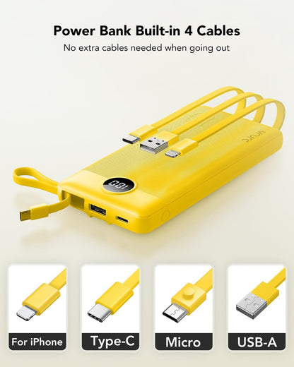 VRURC Portable Charger with Built in Cables, Slim Power Bank 10000mAh, USB C Battery Pack Travel Essential, 5 Outputs 2 Inputs Phone Charging Bank for iPhone 16 15 14 13,Samsung,Android-Black(1 Pack)