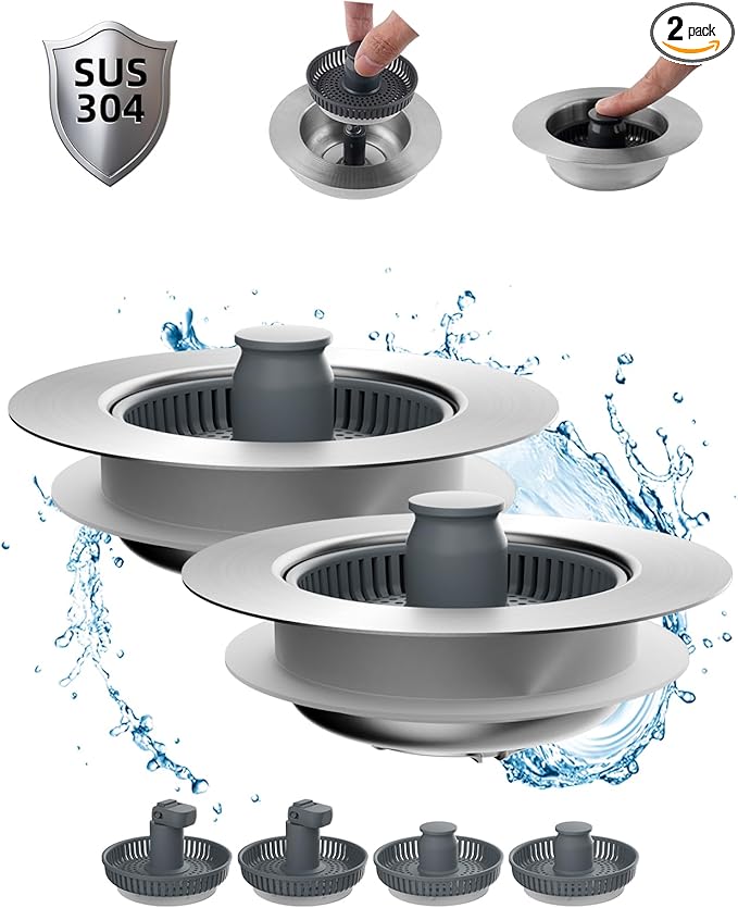 Hibbent 2 Pack Upgraded 3 in 1 Kitchen Sink Drain Strainer and Stopper Combo