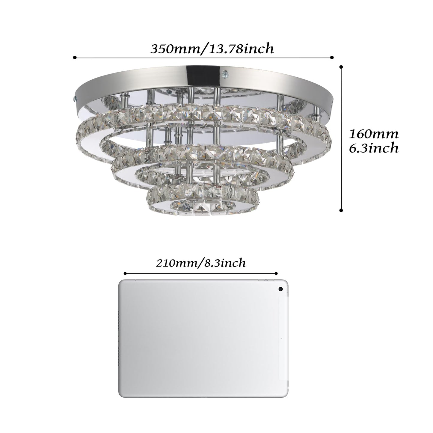 YPQXYHDA Modern Crystal Chandelier LED 3 Tier Crystal Ceiling Lights Flush Mount Round Chandeliers for Bedrooms Dining Room Living Room,Dia 13.8",Cool White,42 W