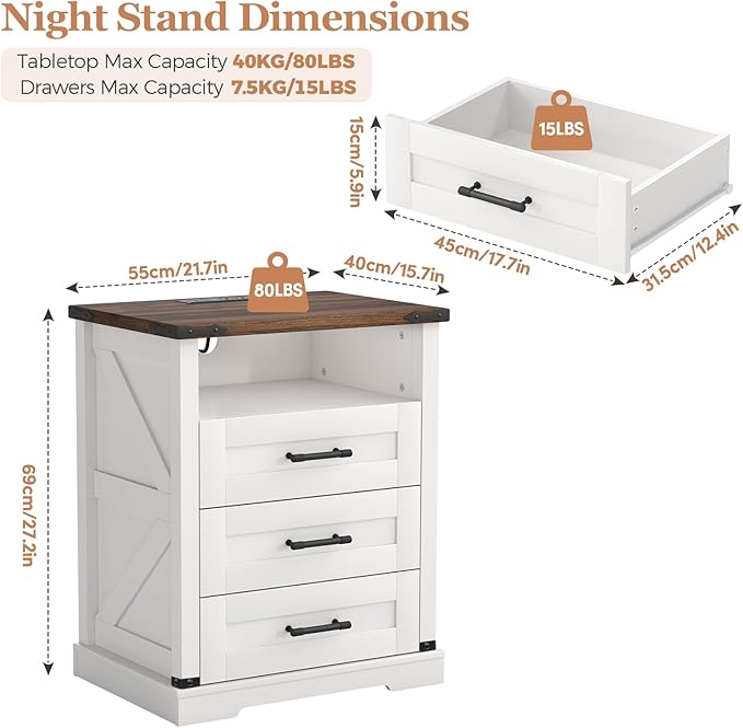 Turosur 22'' Set of 2 White Farmhouse Nightstands
