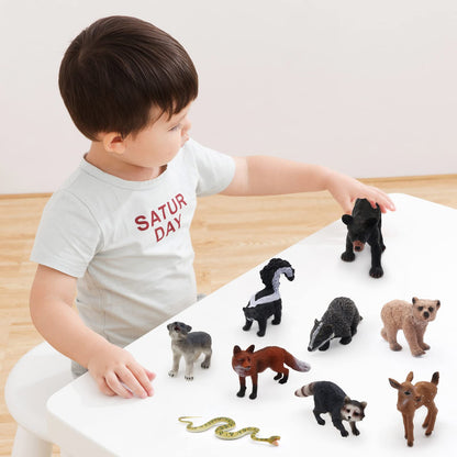 SIENON 18Pcs Forest Animals Figures Toys, Baby Woodland Animals Figurines, Miniature Animals Toys with Owl Hedgehog Fox Squirrels Bear Deer Wolf for Woodland Theme Cake Cupcake Toppers