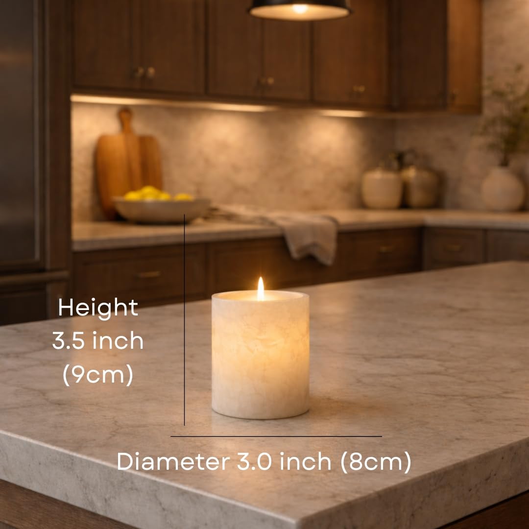 Single White Alabaster Candle Holder - Egyptian Tealight and Votive Candles Holders with Amber Glow for Home Décor - Natural Stone Soothing Tranquil