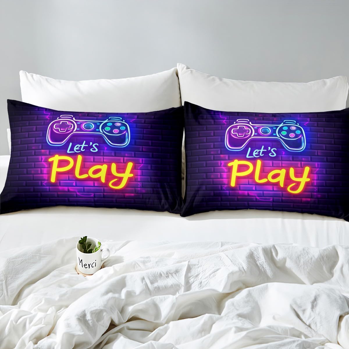Gaming Gamer Bed Sheets Set - Full Size Video Game Sheets with Gamepad Design - Fitted Sheet, Flat Sheet & 2 Pillow Shams - Abstract Neon Style - Deep Pocket - Geometric Brick Wall Pattern