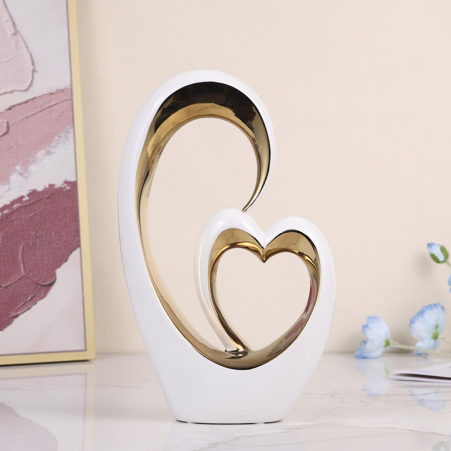 Oliruim White Gold Ceramic Heart Statues - Abstract Home Sculptures for Bedroom, Wedding, Valentine Decor & Gifts for Women
